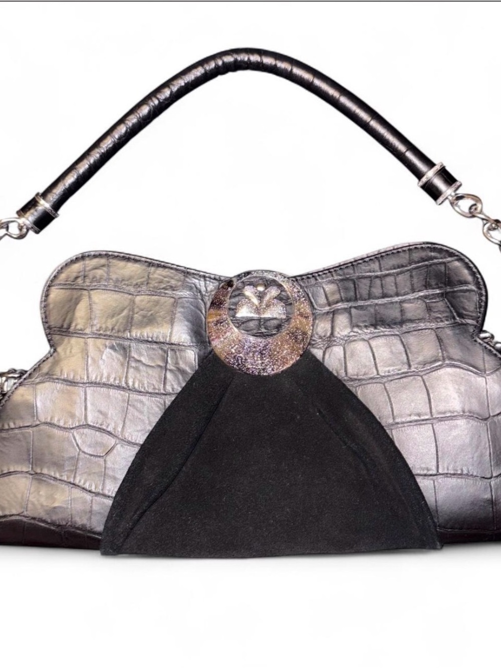 Barbara Milano Luxury Vintage Black Croc-Texture Shoulder Bag with Suede Accent